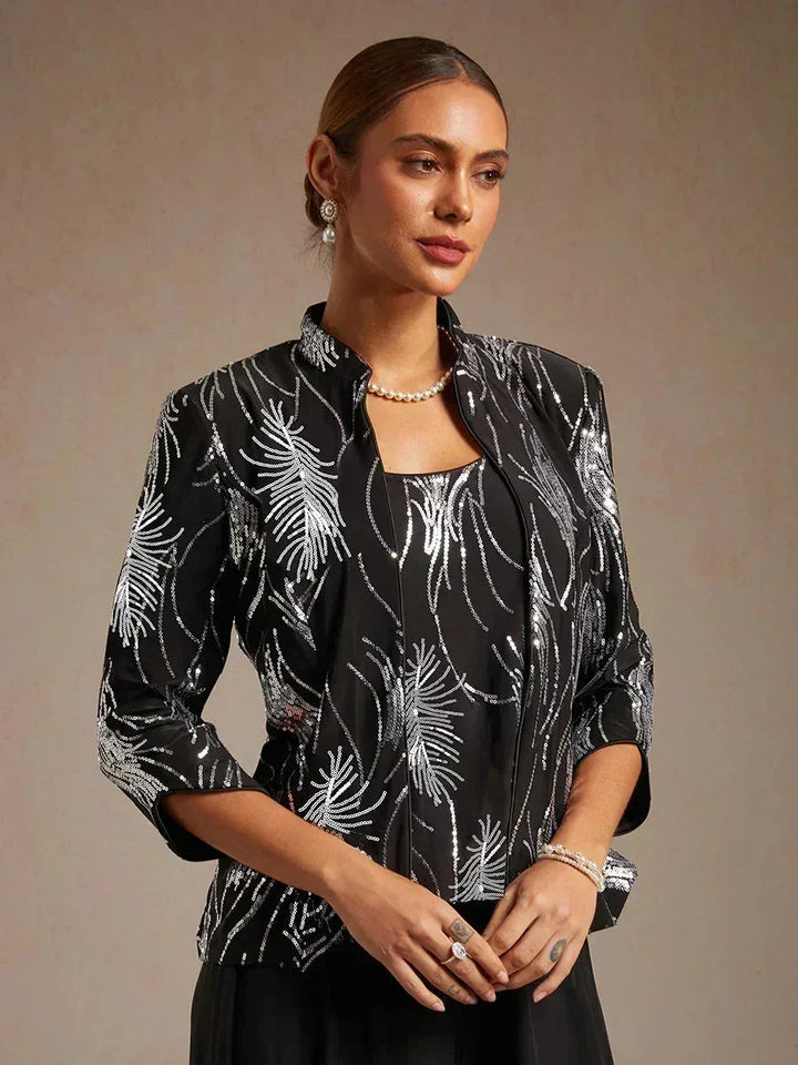 Elegant Mandarin Collar Jacket And Pants 3 Piece Sets