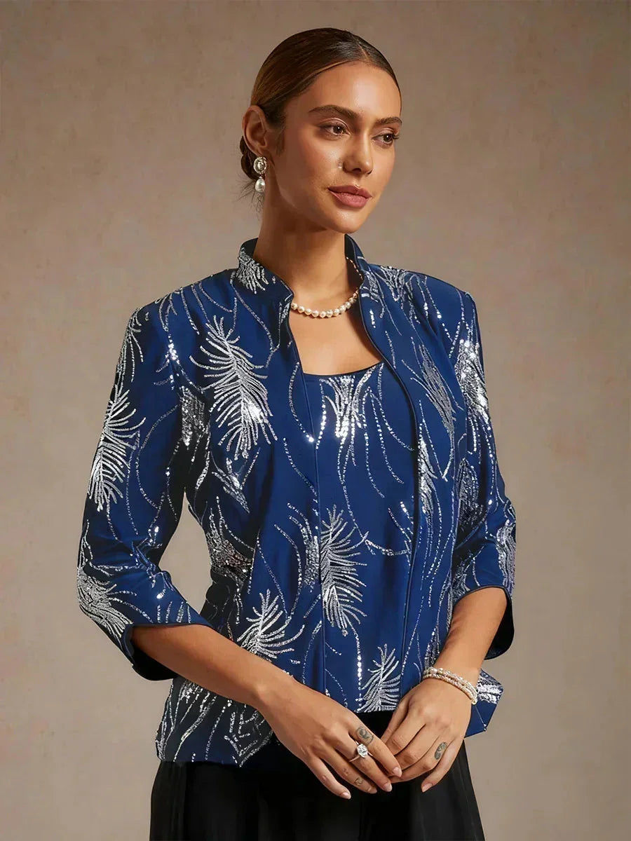 Elegant Mandarin Collar Sequin Twinset
