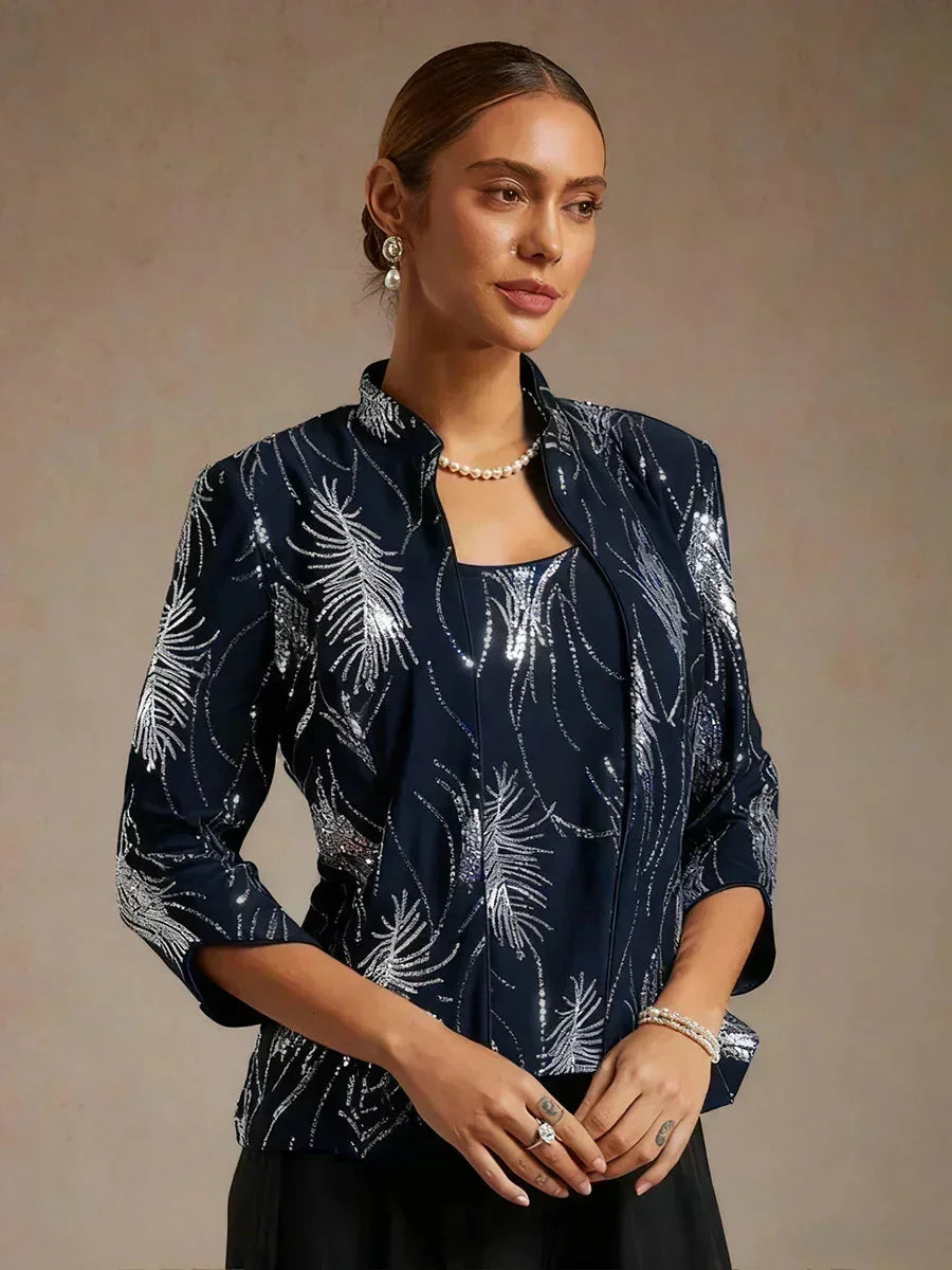 Elegant Mandarin Collar Sequin Twinset