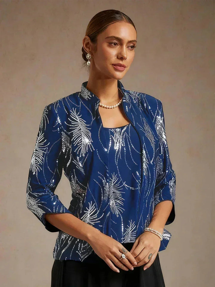 Elegant Mandarin Collar Sequin Twinset