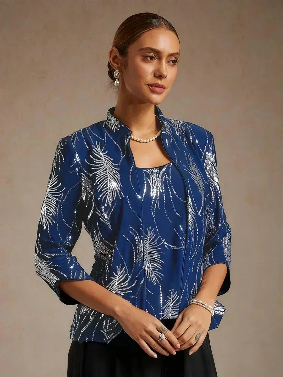 Elegant Mandarin Collar Sequin Twinset