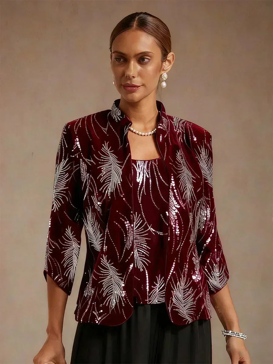 Elegant Mandarin Collar Sequin Twinset
