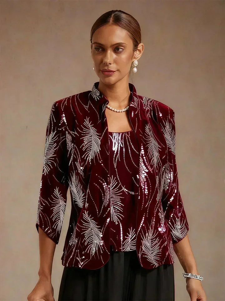 Elegant Mandarin Collar Sequin Twinset