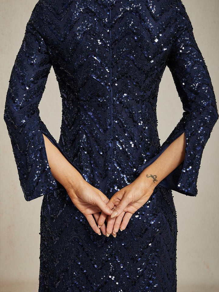 Elegant Sequin Evening Gown with Boat Neck and Slit Cuffs