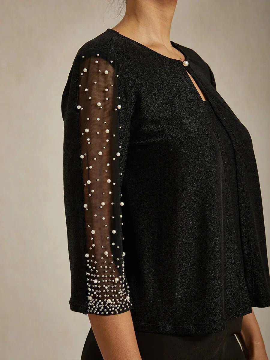 Beaded 3/4 Sleeve Metallic Knit Blouse And Pant Suits