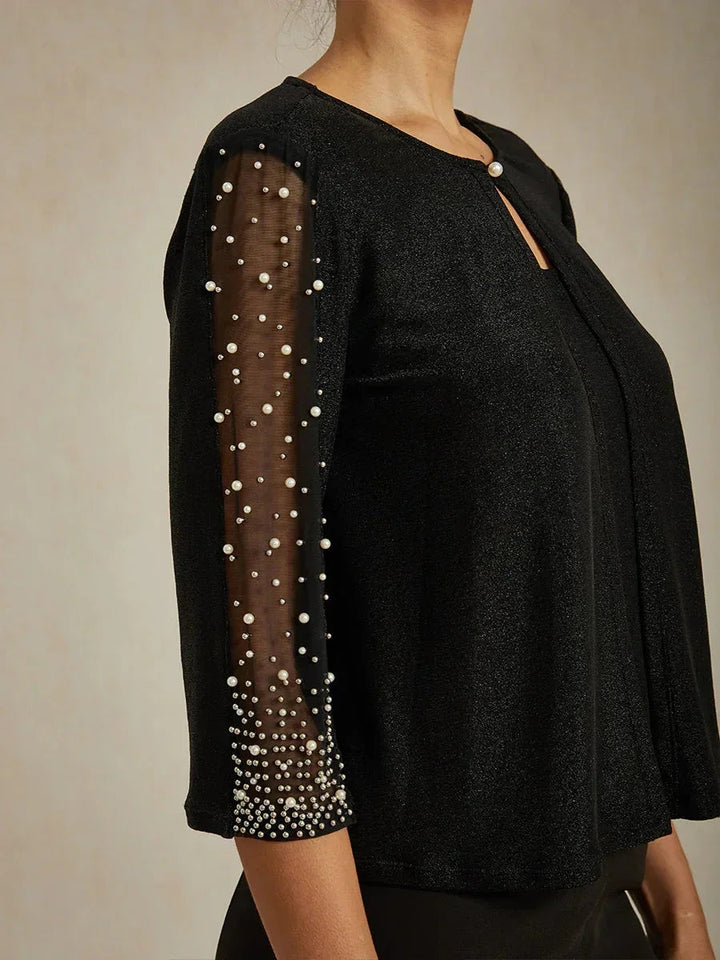 Beaded 3/4 Sleeve Metallic Knit Blouse And Pant Suits