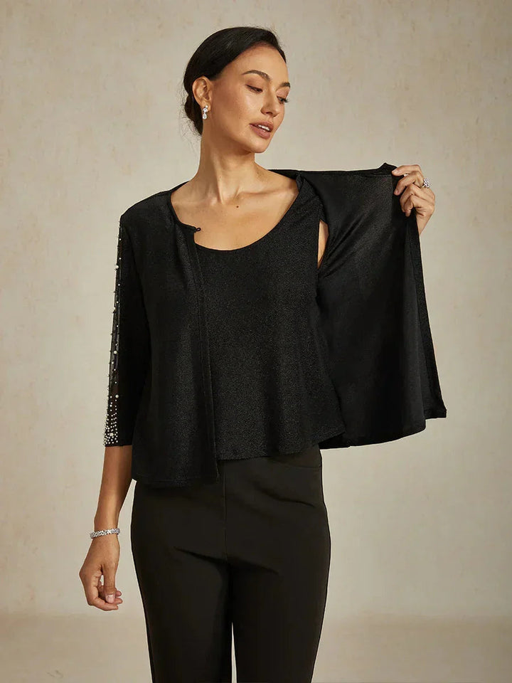 Beaded 3/4 Sleeve Metallic Knit Blouse And Pant Suits