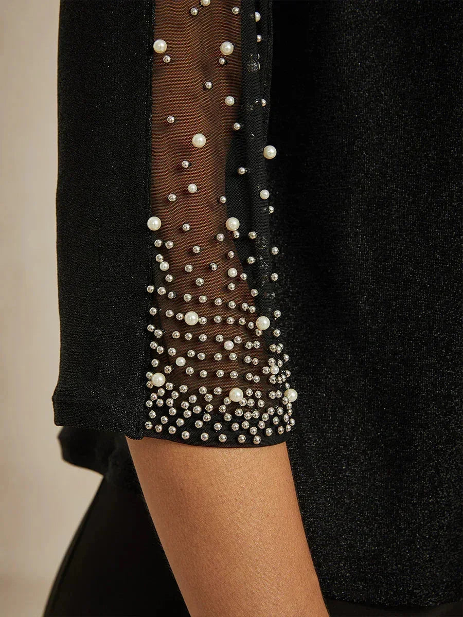 Beaded 3/4 Sleeve Metallic Knit Blouse