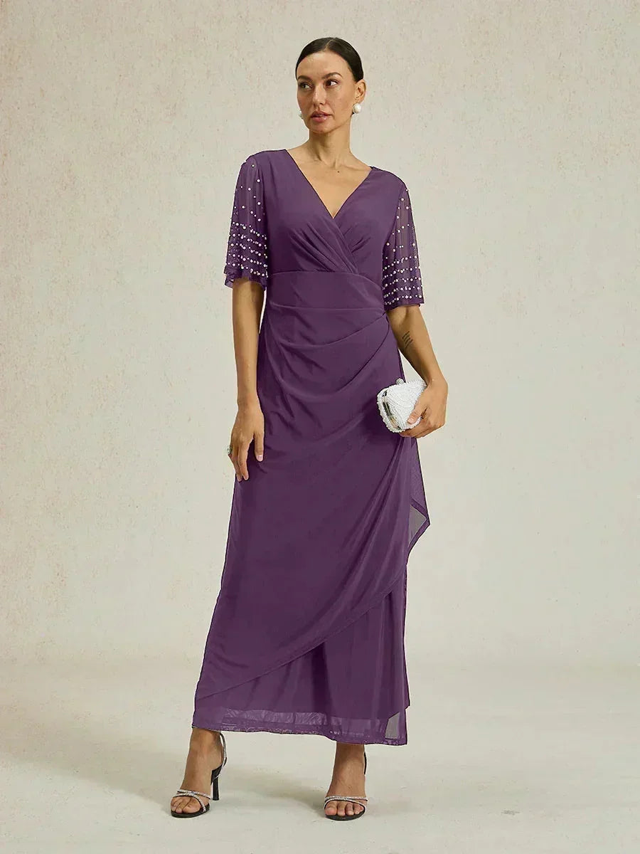 Elegant Formal Dress with Embellished Flutter Sleeves