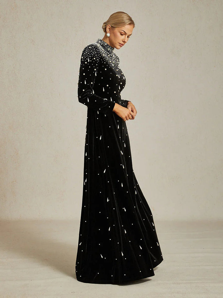 Embellished Velvet Evening Gown with Mock Neck