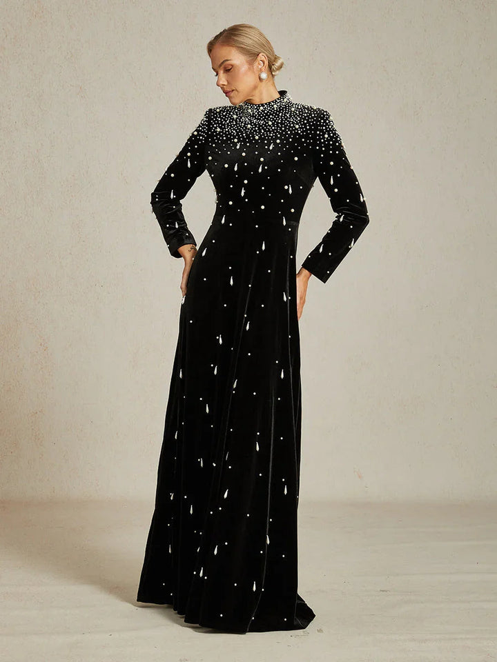 Embellished Velvet Evening Gown with Mock Neck