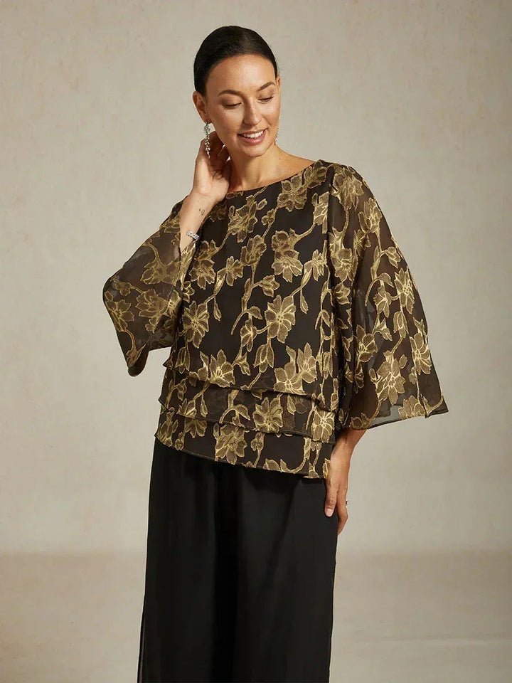 Floral Chiffon Boat Neck Blouse with A-Line Sleeves