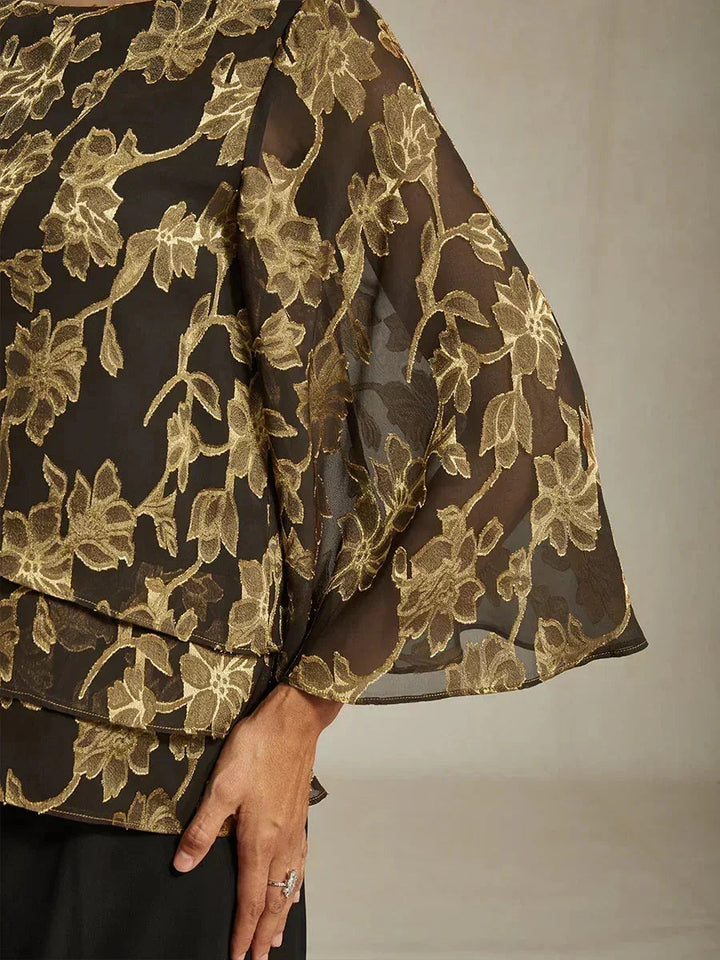 Floral Chiffon Boat Neck Blouse with A-Line Sleeves
