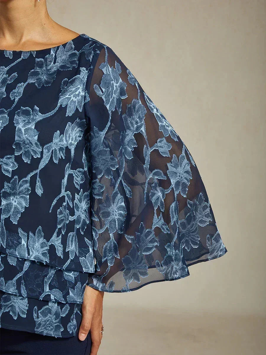 Floral Chiffon Blouse And Chiffon Pants Suit