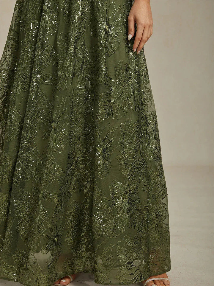 Floral Sequin Embroidered V-Neck Maxi Dress with Low Back