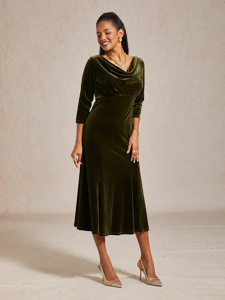 High-Stretch Velvet Sleeveless Midi Dress with Cowl Neck