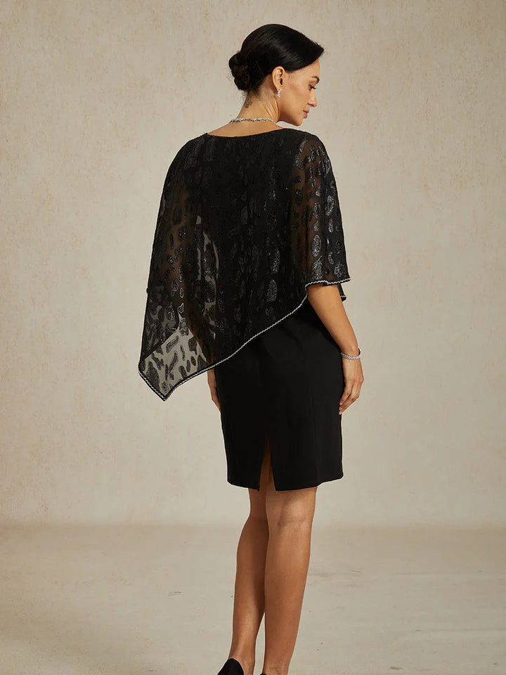 Elegant Sheath Dress with Leopard Jacquard Chiffon Overlay