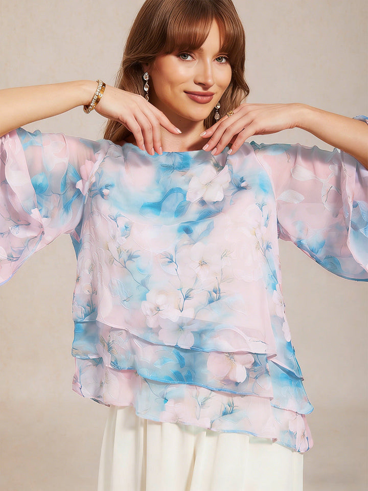 Lace Chiffon Layered Blouse with Floral Print