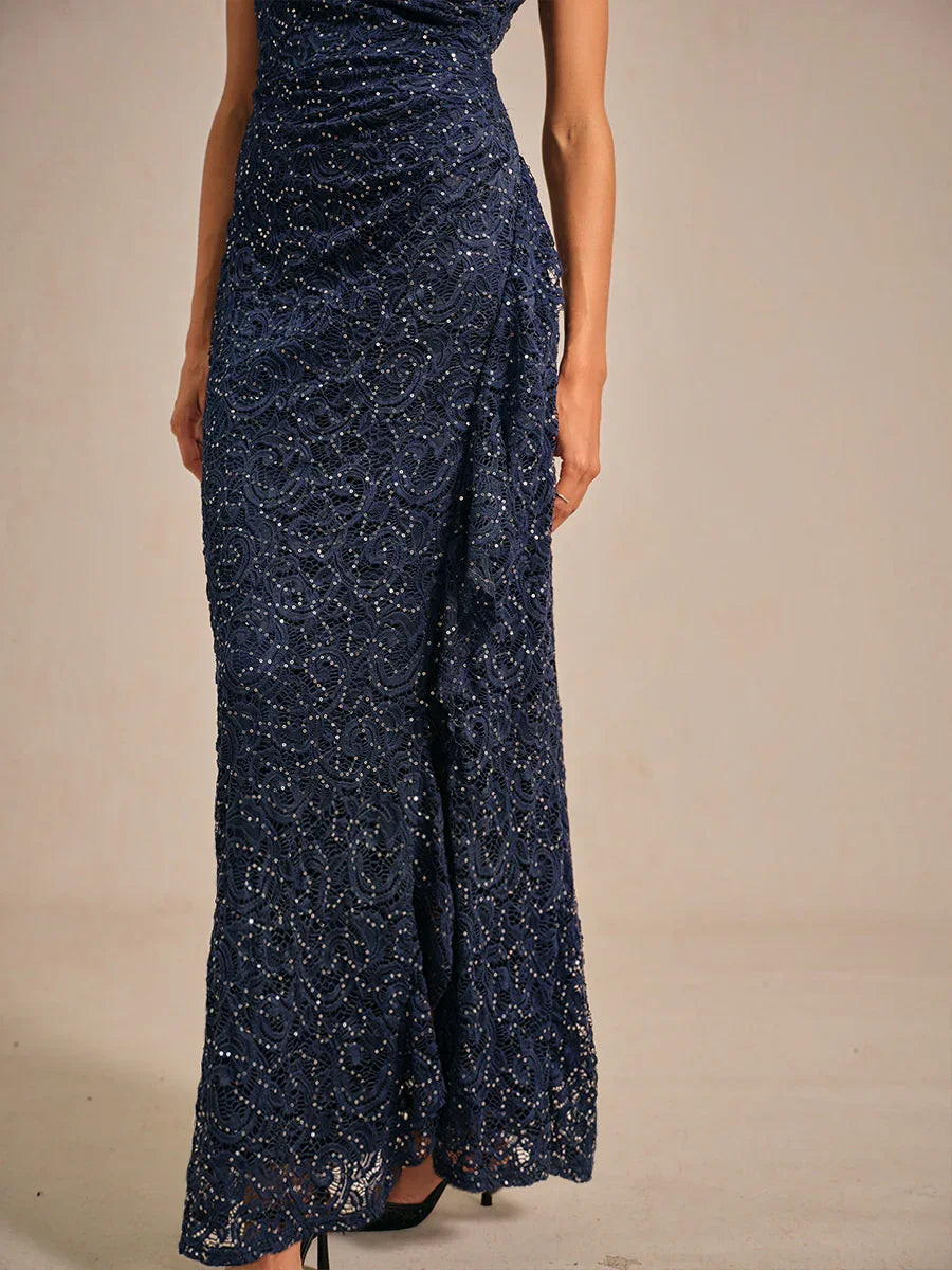 Lace Sequin Maxi Dress with Ruffle Detail