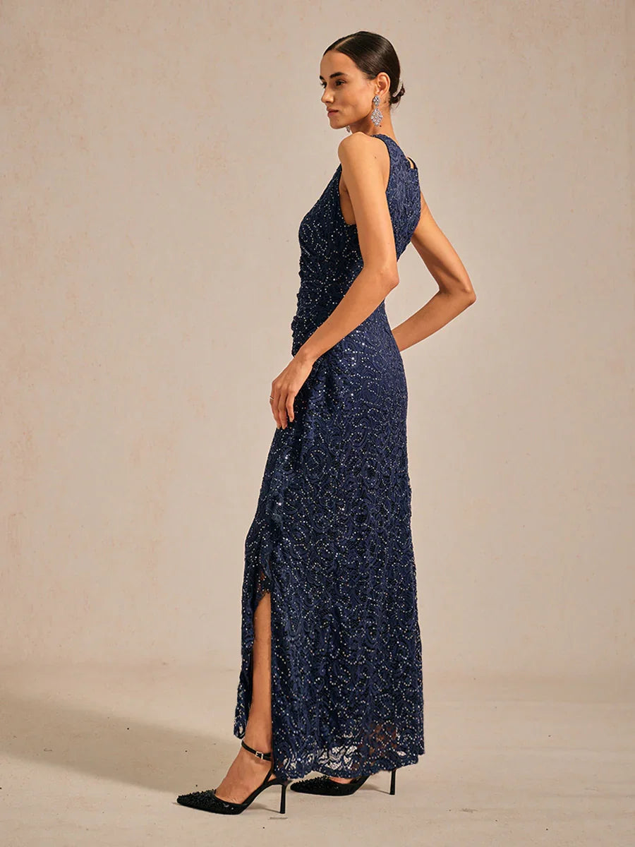 Lace Sequin Maxi Dress with Ruffle Detail
