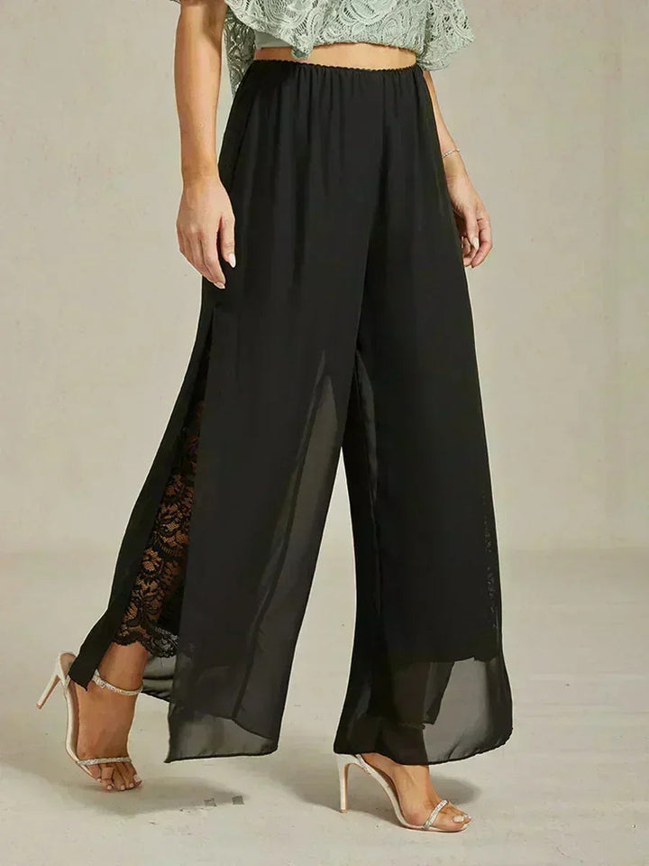 Rechte broek met chiffon split been overlay