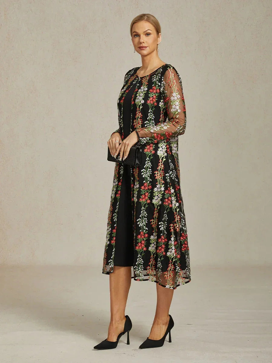 Long Floral Embroidered Lace Jacket Dress