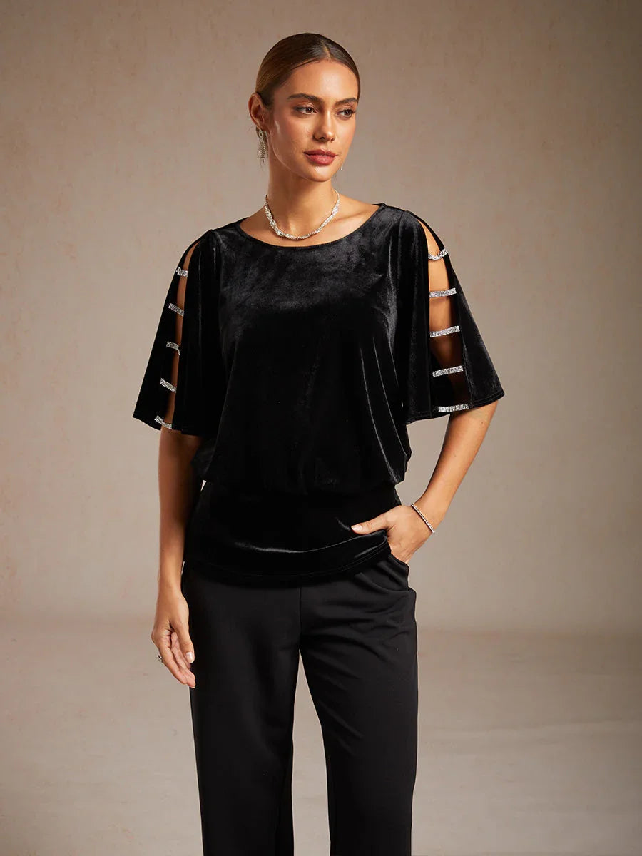 Embellished Cold Shoulder Blouse with Rhinestone Detail