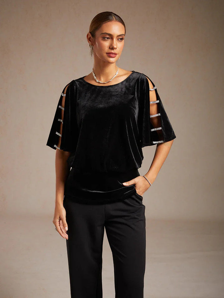 Embellished Cold Shoulder Blouse with Rhinestone Detail