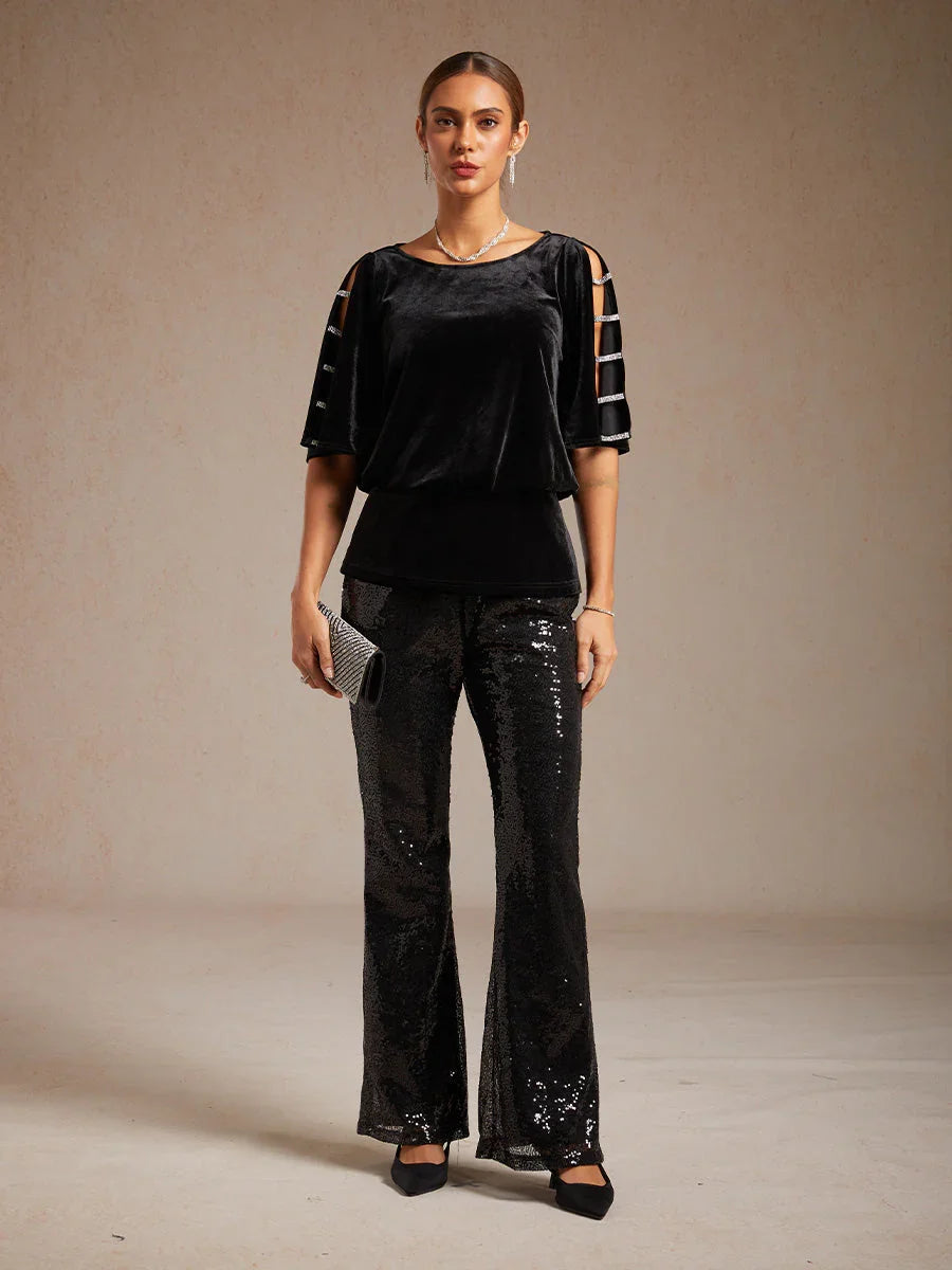 Embellished Cold Shoulder Blouse with Rhinestone Detail