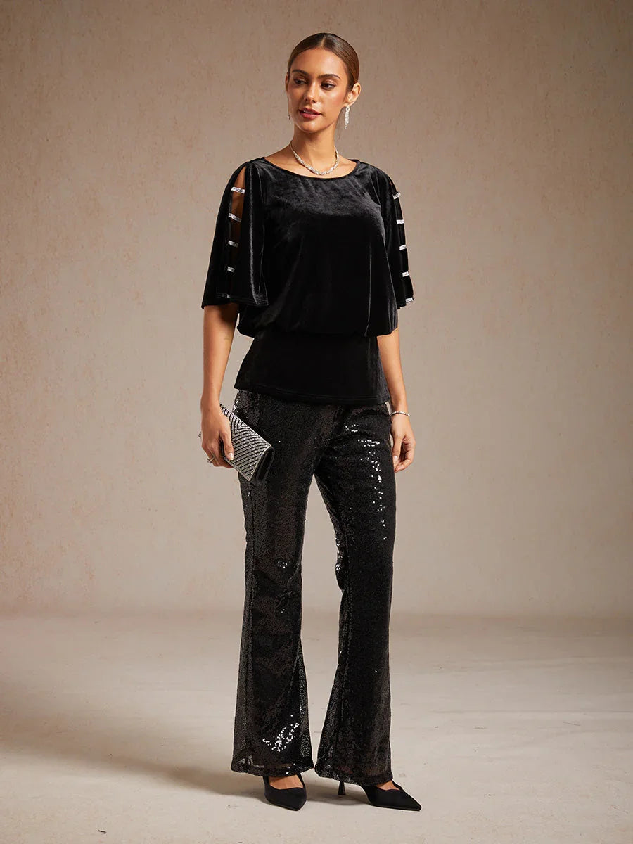 Embellished Cold Shoulder Blouse with Rhinestone Detail