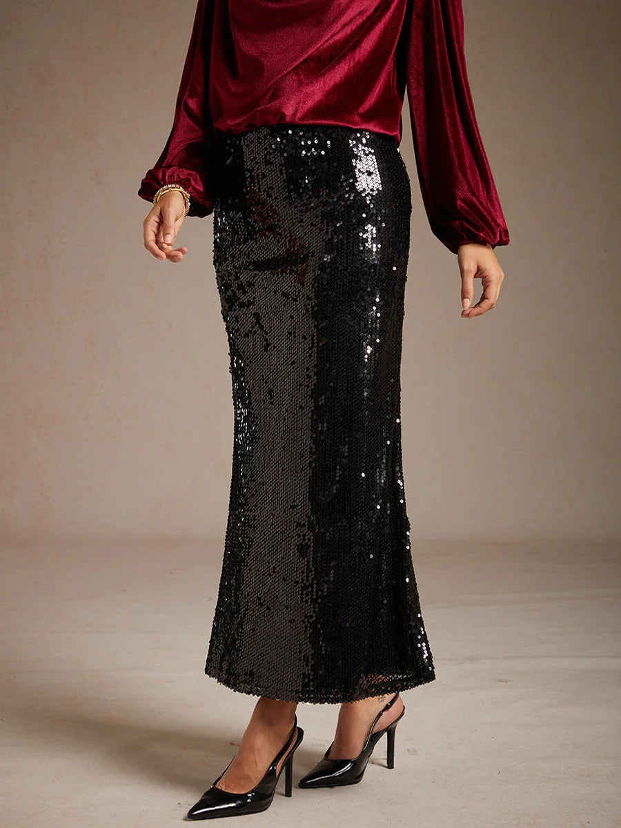 Sequin Mermaid Skirt with Elastic Waist and Lining