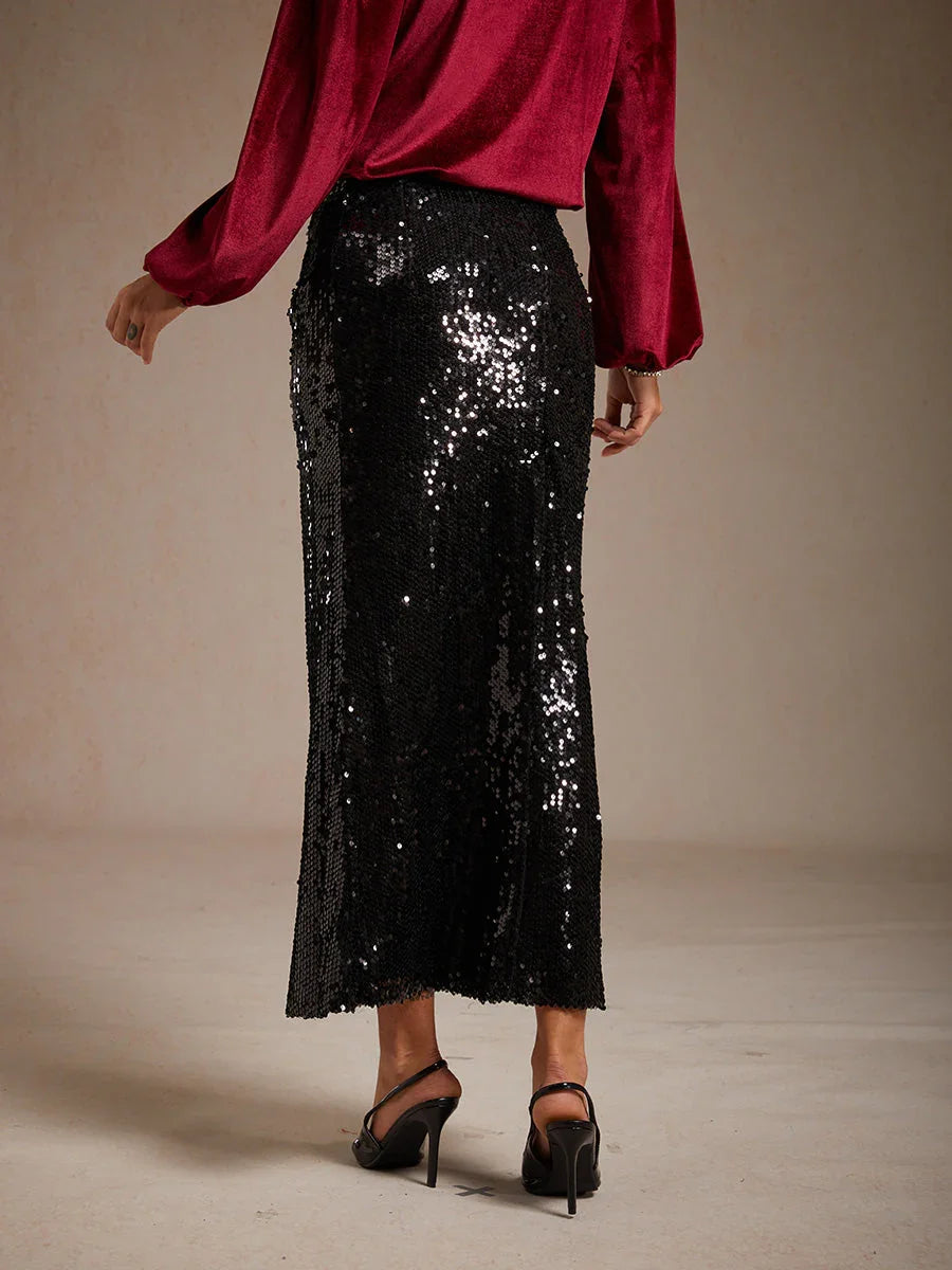 Sequin Mermaid Skirt with Elastic Waist and Lining