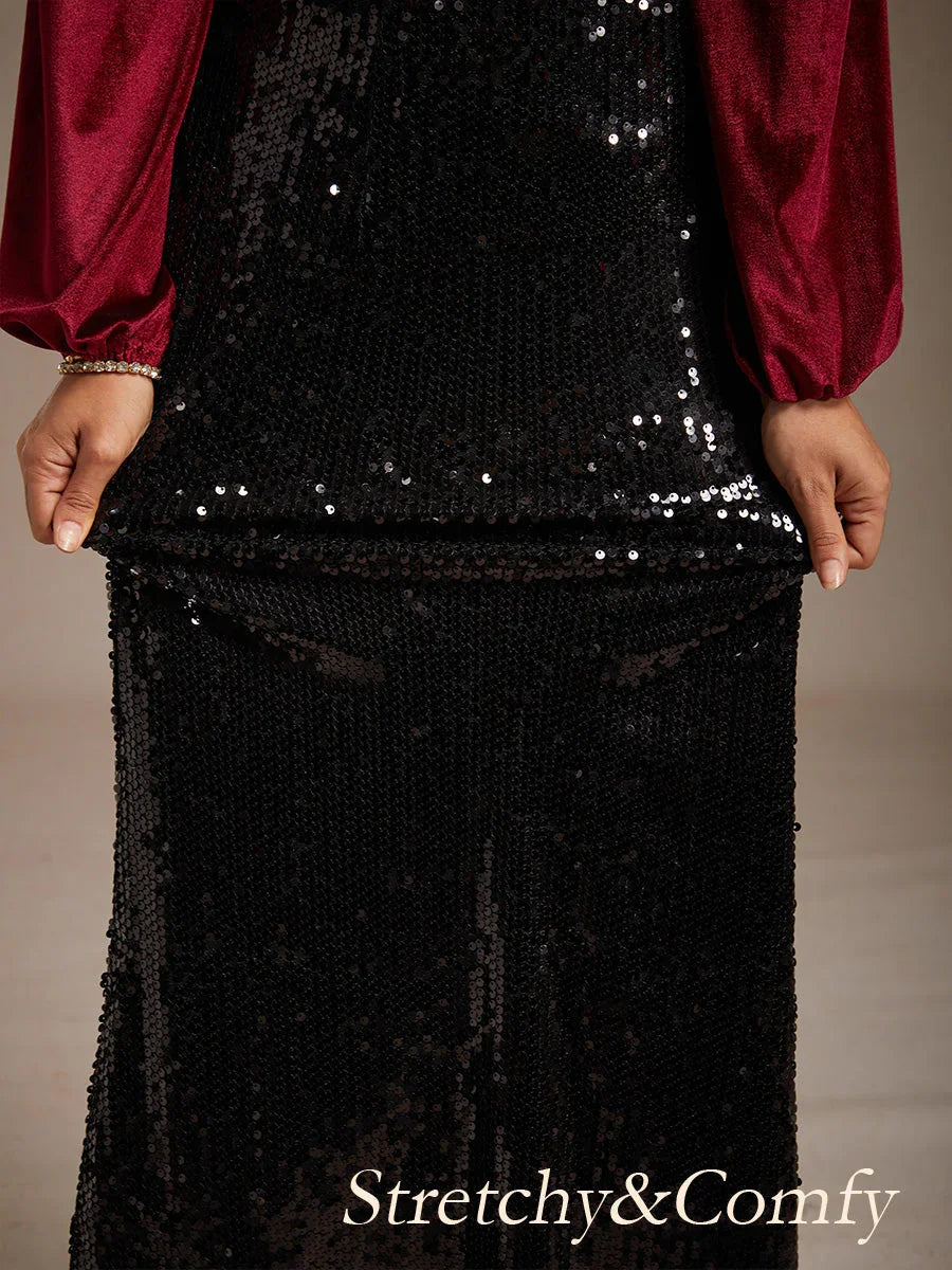Sequin Mermaid Skirt with Elastic Waist and Lining