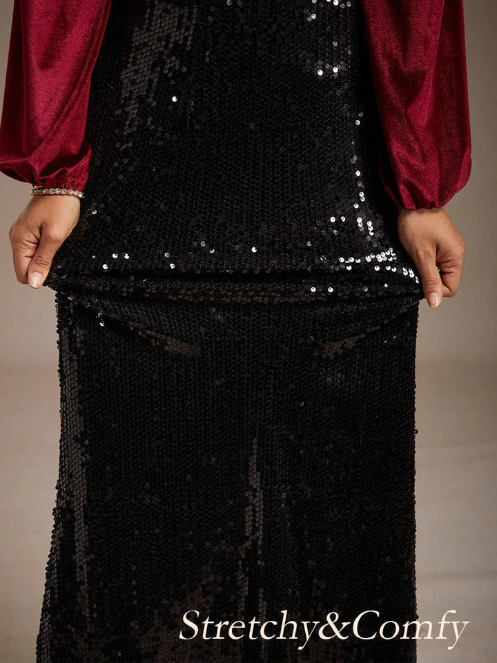 Sequin Mermaid Skirt with Elastic Waist and Lining