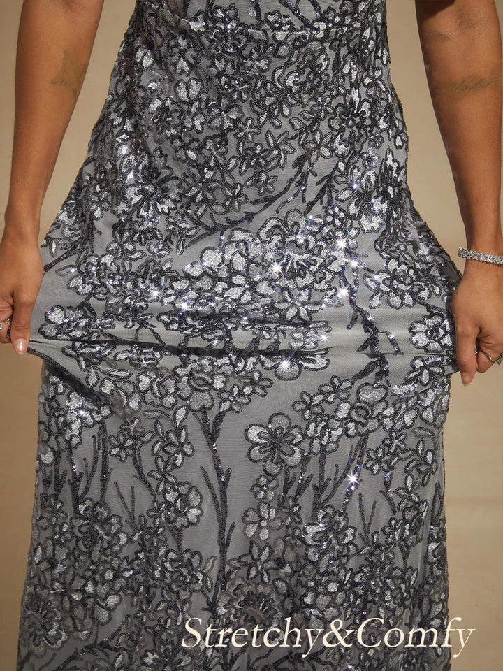 V-Neck Sequin Embroidered Cold Shoulder Evening Dress