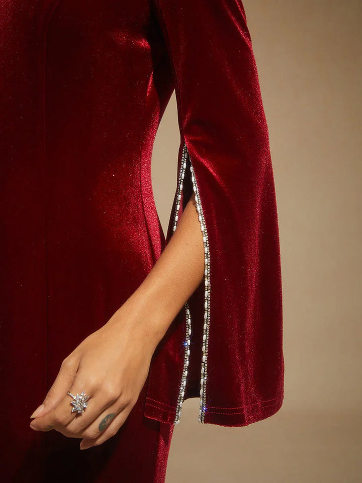 Velvet Evening Gown with Beaded Trim Detail