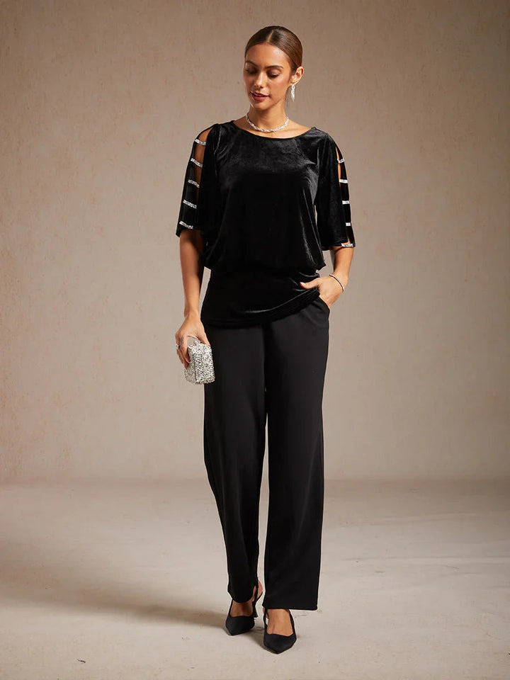 Embellished Cold Shoulder Blouse with Rhinestone Detail