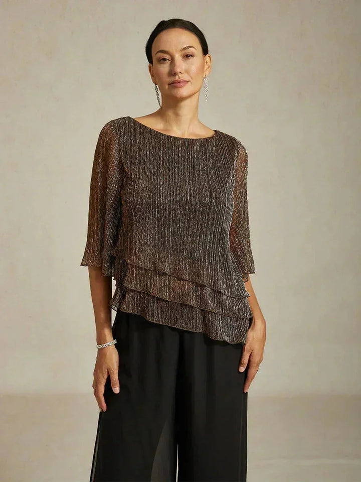 Metallic Pleated Chiffon Asymmetrical Layered Blouse