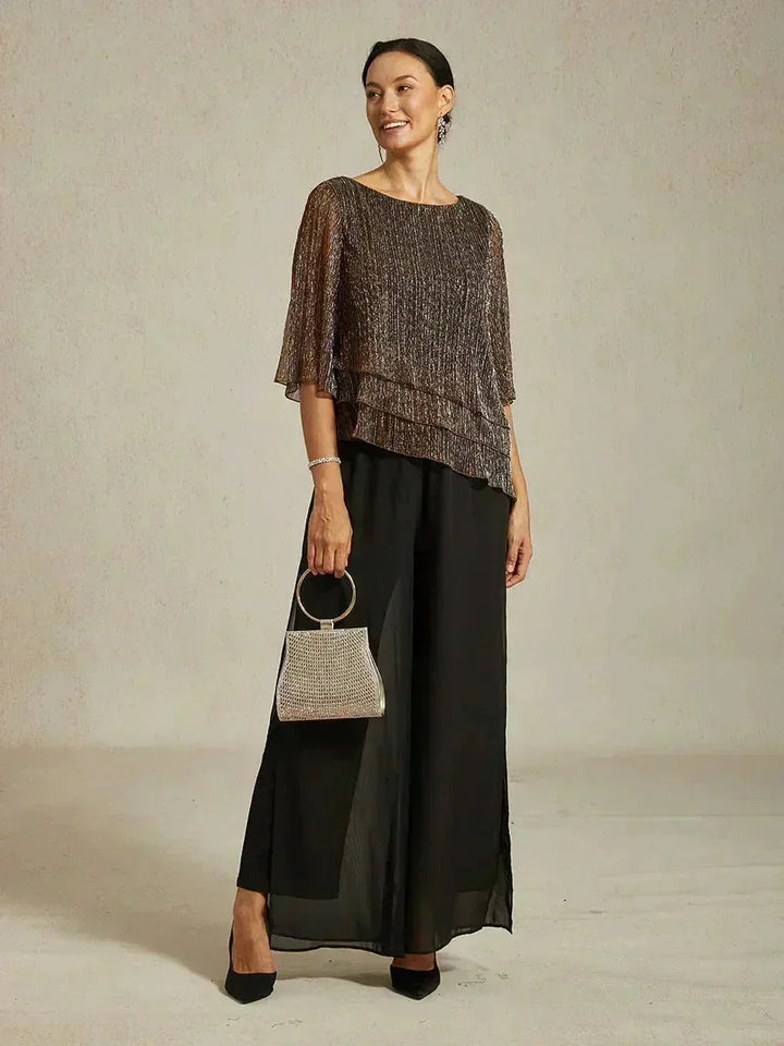 Chiffon Asymmetrical Layered Blouse And Pant Suits