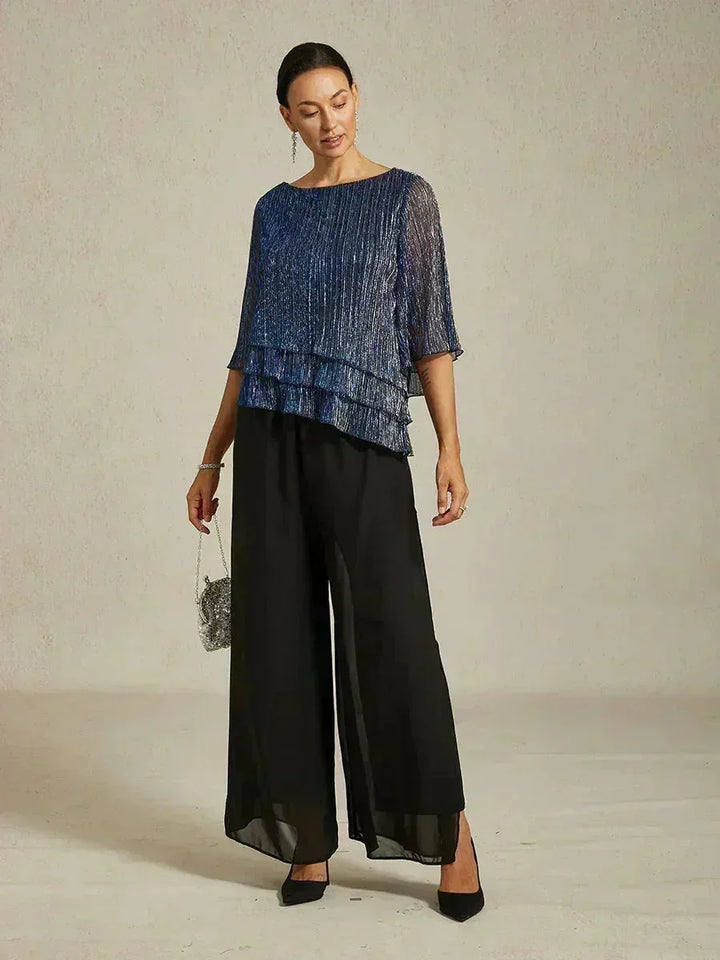 Chiffon Asymmetrical Layered Blouse And Pant Suits