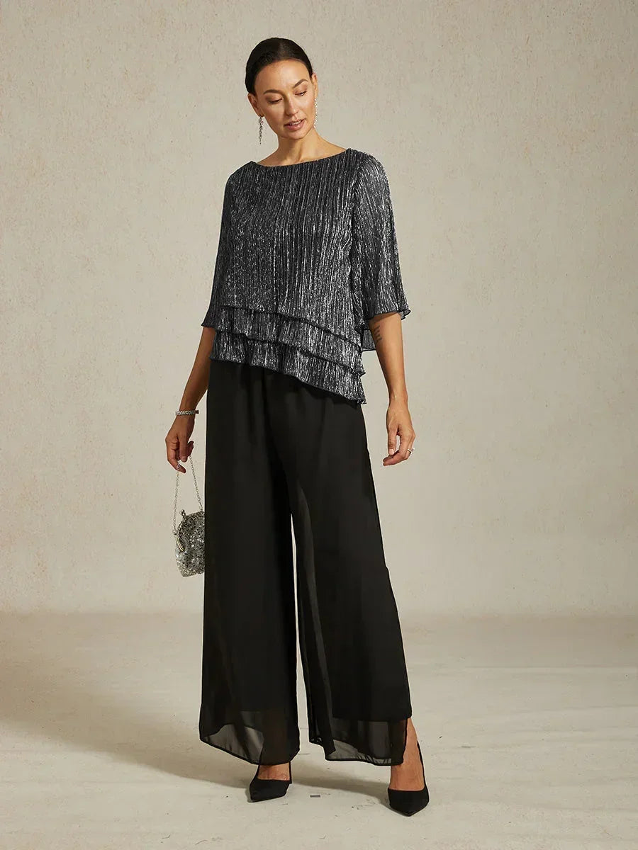 Metallic Pleated Chiffon Asymmetrical Layered Blouse