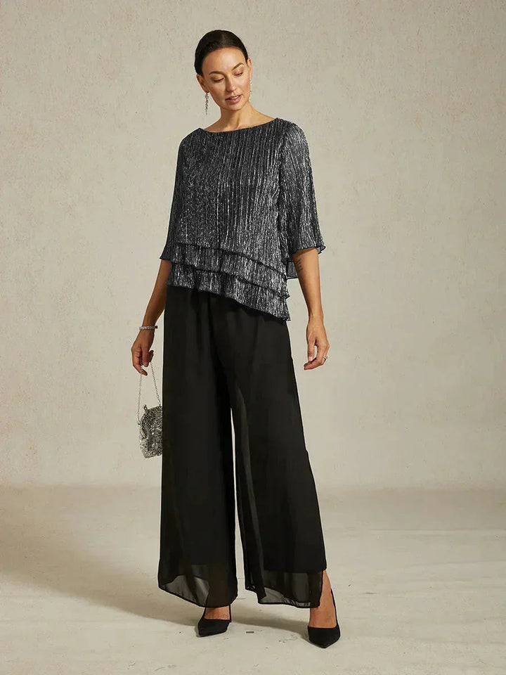 Chiffon Asymmetrical Layered Blouse And Pant Suits