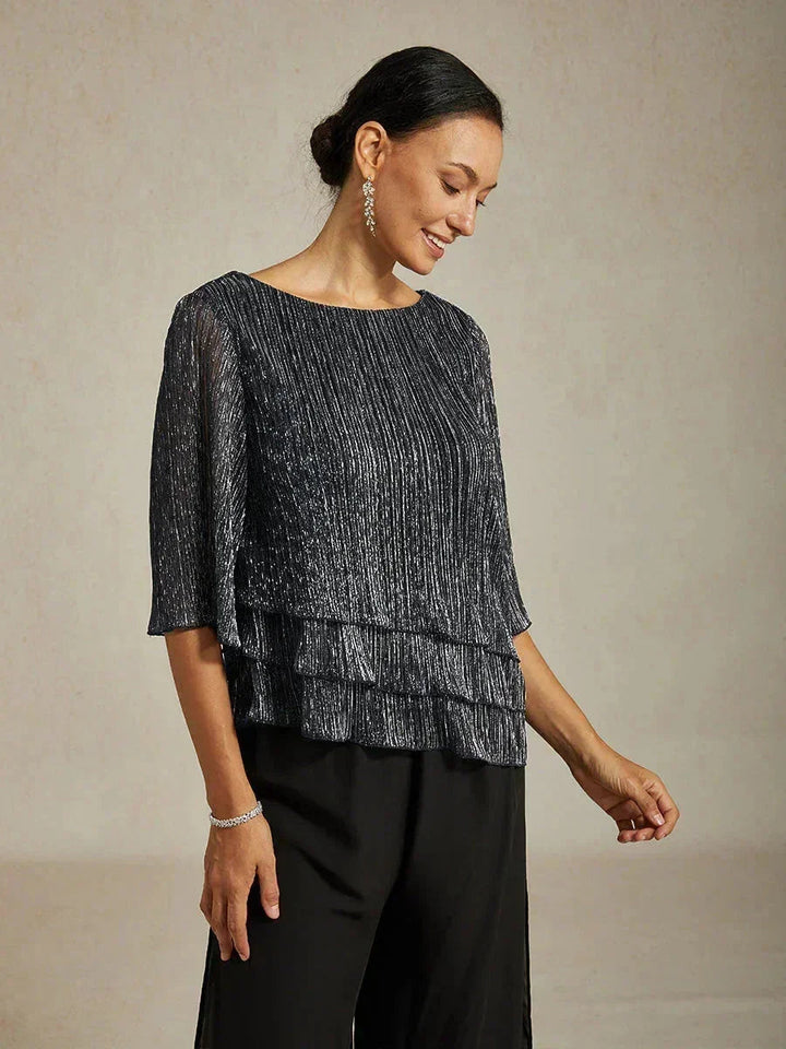 Chiffon Asymmetrical Layered Blouse And Pant Suits