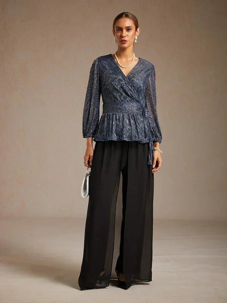 Metallic Pleated Chiffon Evening Wrap Top