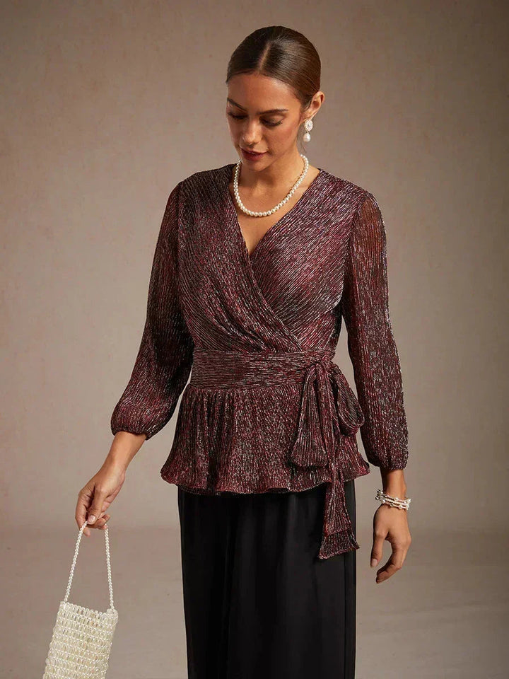 Metallic Pleated Chiffon Evening Wrap Top