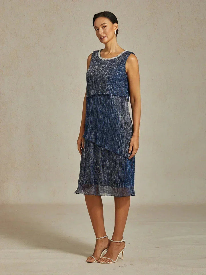 Metallic Pleated Chiffon Midi Dress with Beaded Round Neck