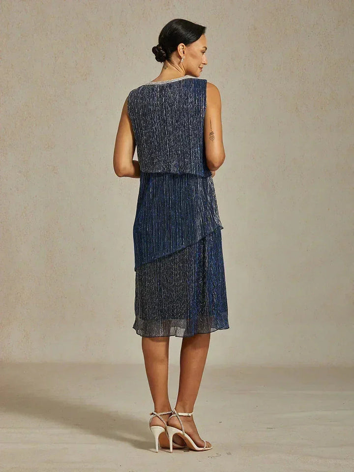 Metallic Pleated Chiffon Midi Dress with Beaded Round Neck