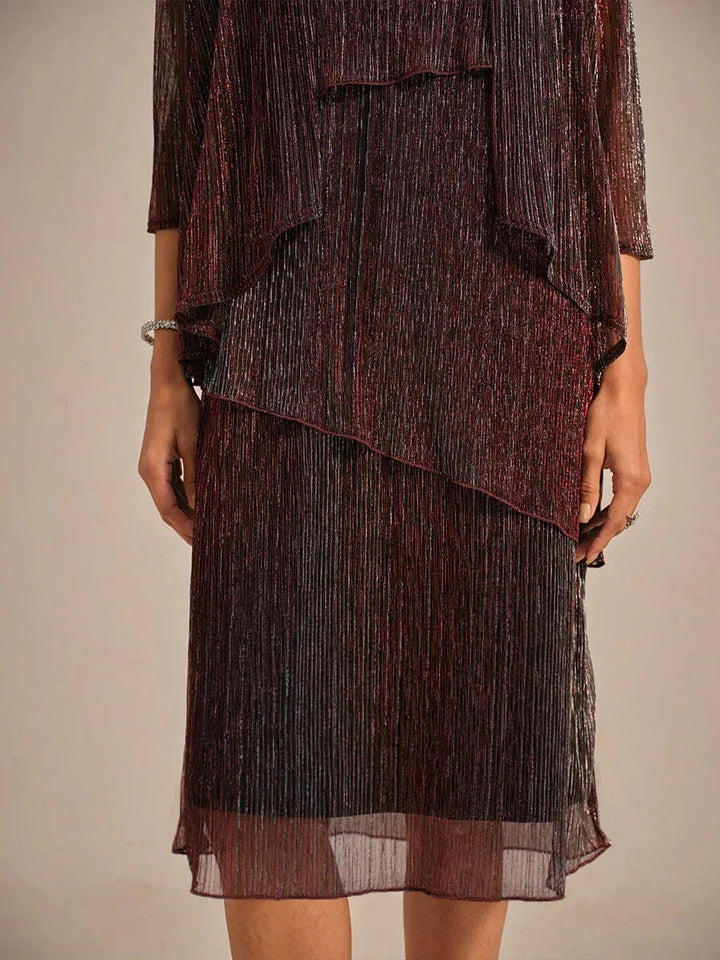 Metallic Pleated Chiffon Midi Dress with Beaded Round Neck