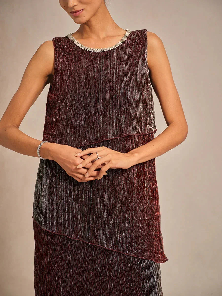 Metallic Pleated Chiffon Midi Dress with Beaded Round Neck