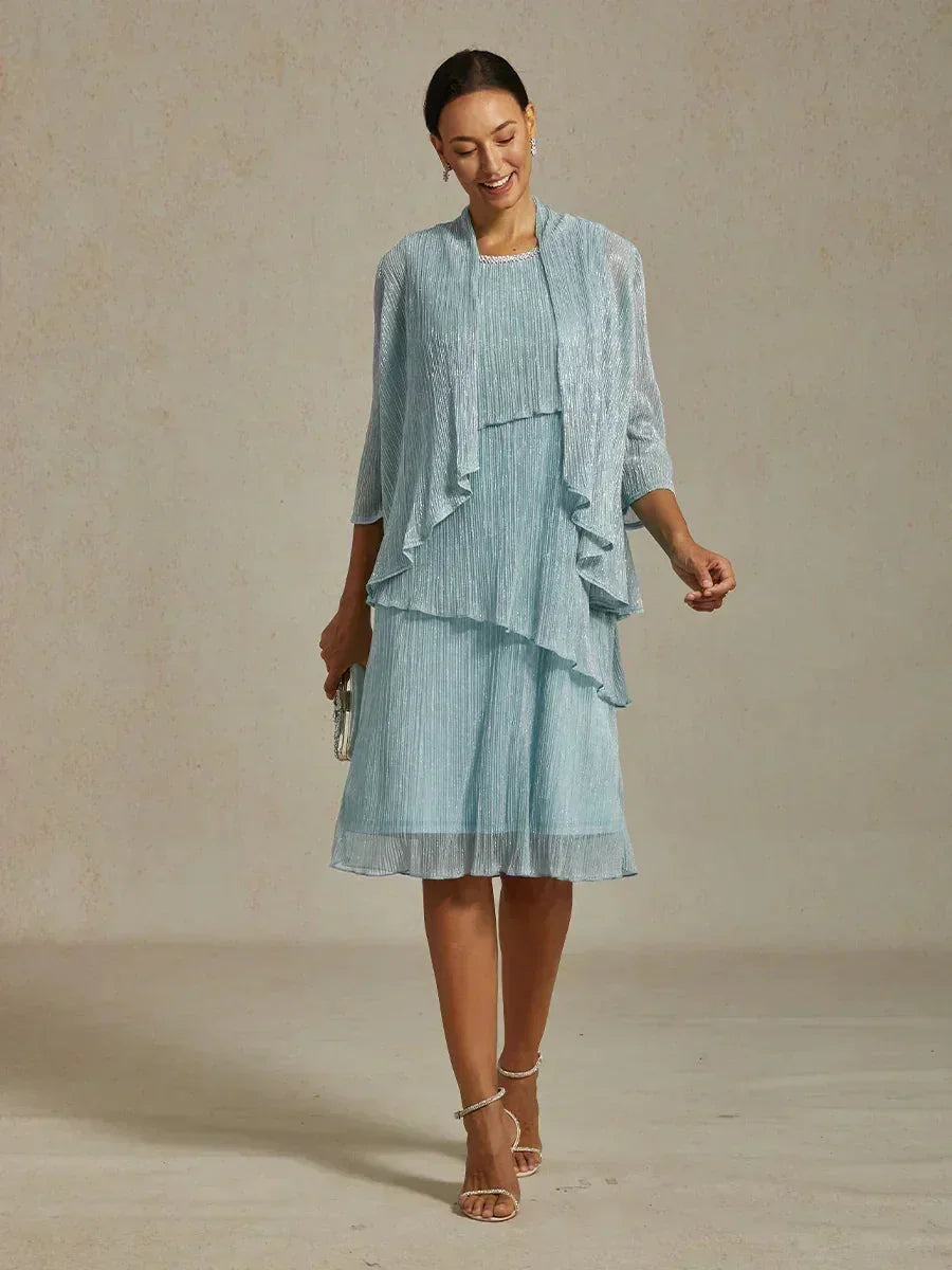 Metallic Pleated Chiffon Midi Dress with Beaded Round Neck
